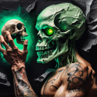 Muscular Figure with Green Glowing Skull and Tattoos