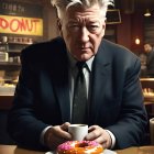 Man in Suit Contemplates Donut in Cozy Café Setting