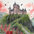 Majestic castle on a hill with vibrant flowers and mountains