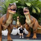 Child in Astronaut Suit Among Dinosaur Statues