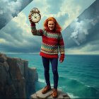 Man on Cliff with Vintage Clock and Turbulent Sea