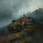 Village on a Hill Under Stormy Skies and Lightning