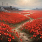 Vibrant Field of Red Poppies with Serene Water View