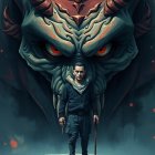 Muscular Man Confronts Demon in Dark Atmosphere