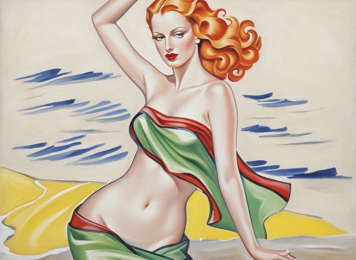 Glamorous Woman with Red Hair at Serene Beach Scene