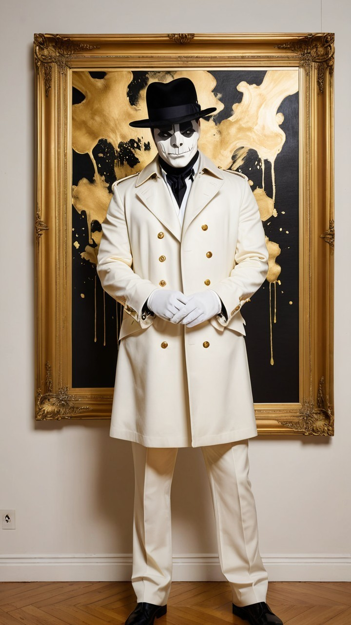 Mysterious Figure in White Coat with Abstract Artwork