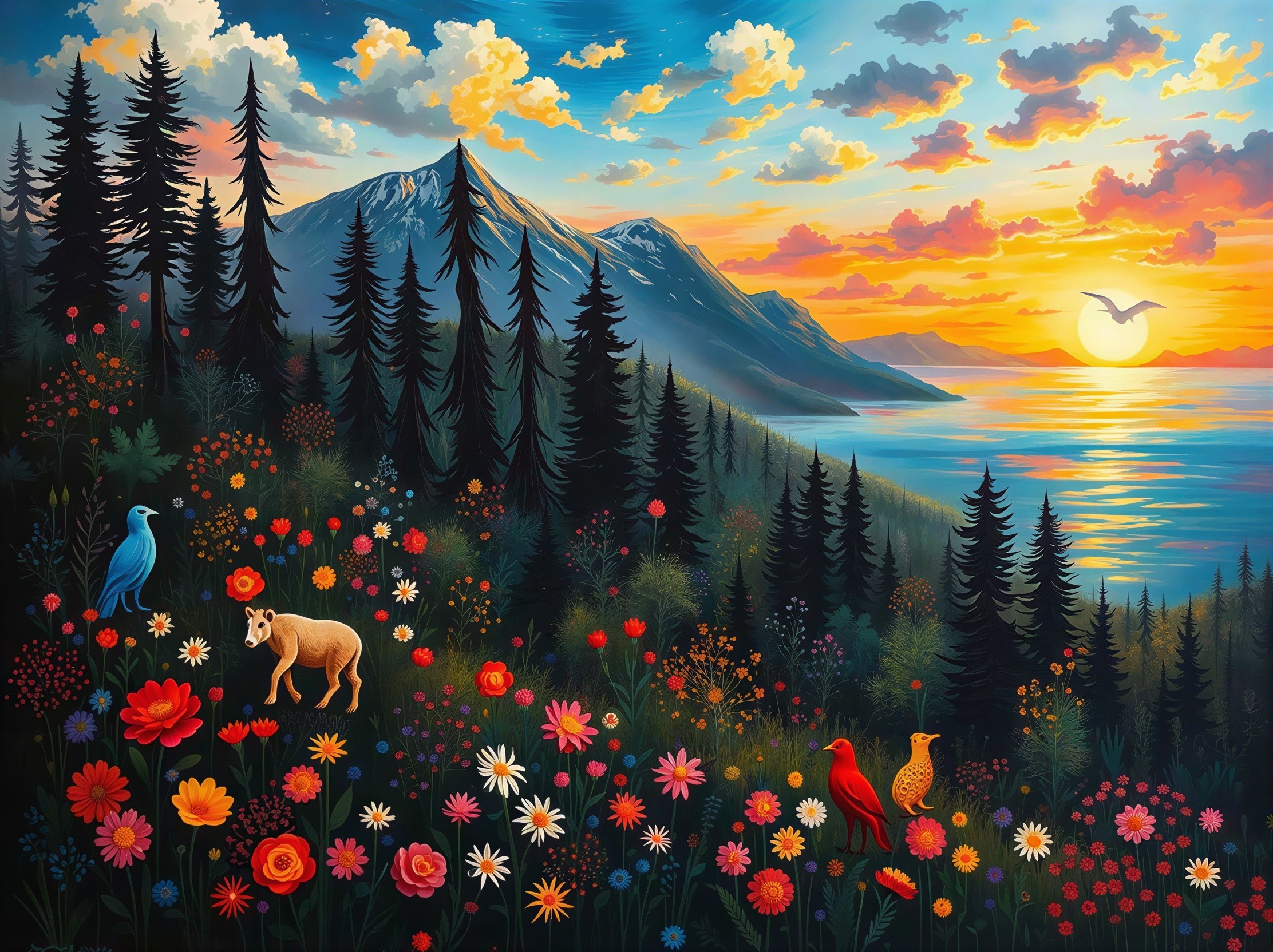 Vibrant landscape painting of a meadow and forest