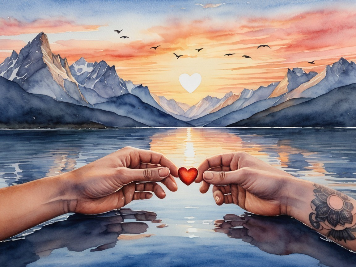 Hands Holding Heart Against Mountain Sunset Background