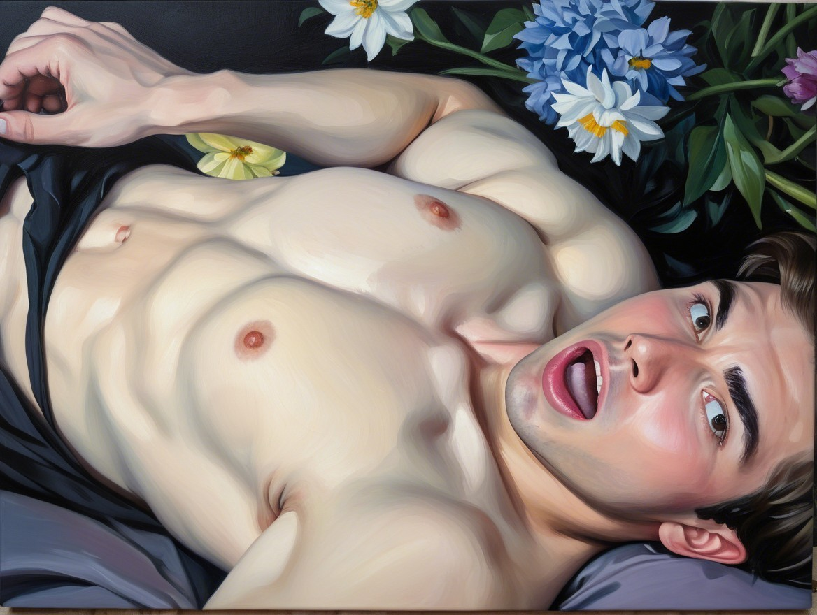 Young man on dark surface with vibrant flowers