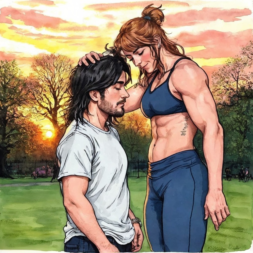 Muscular Woman and Contemplative Man in Sunset Park