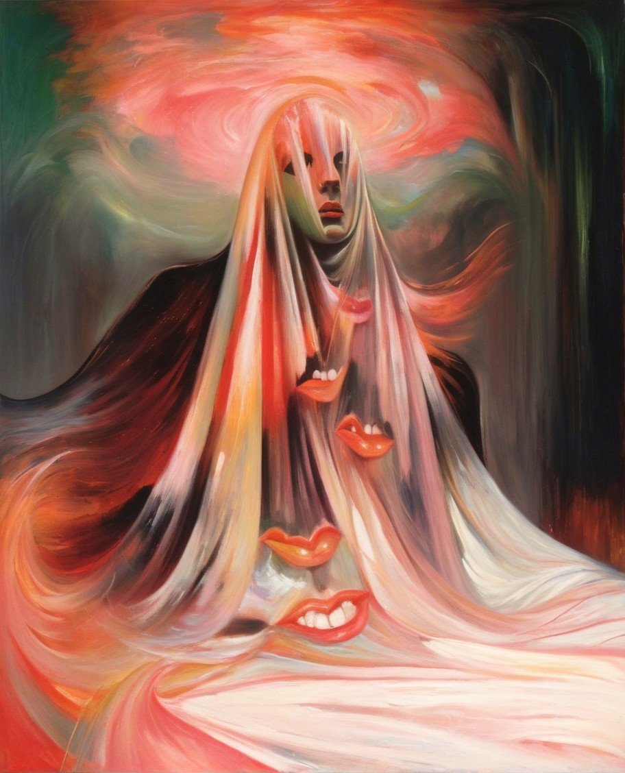 Surreal Figure in Translucent Fabrics with Lips