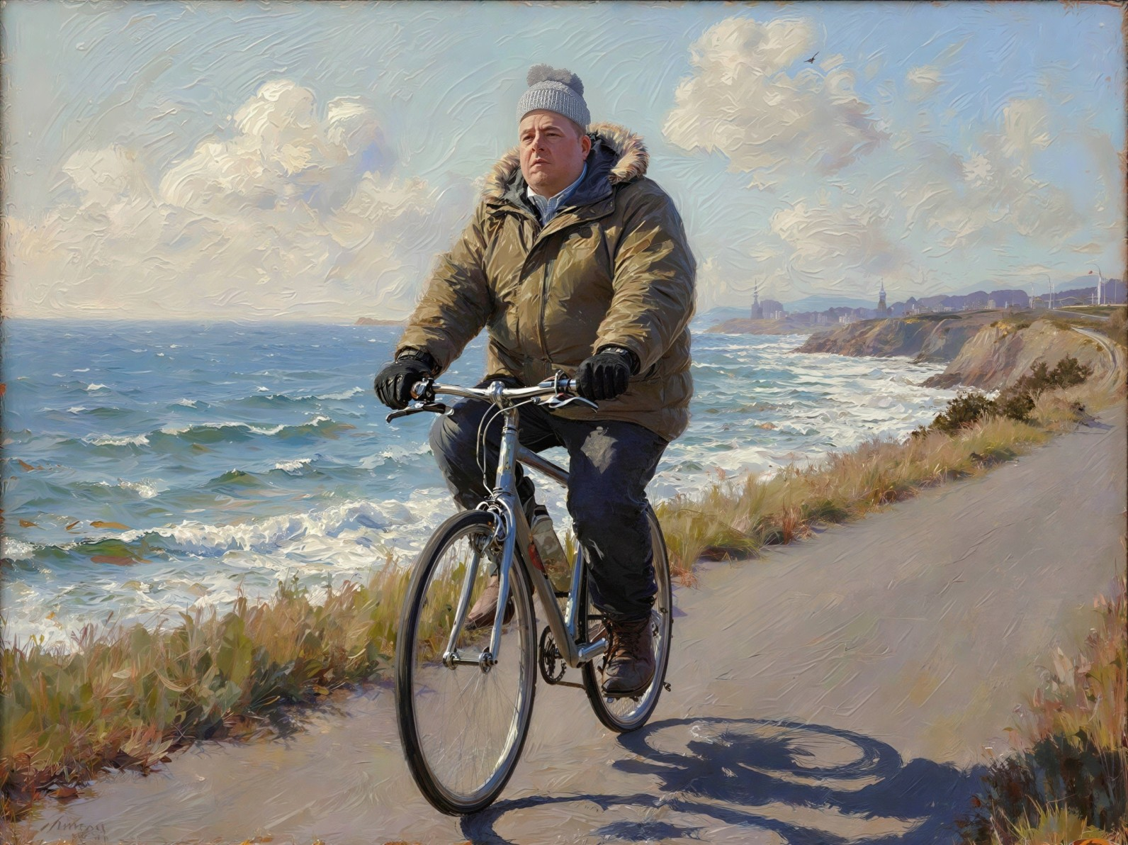 Oil Painting of a Man Biking on a Coastal Path