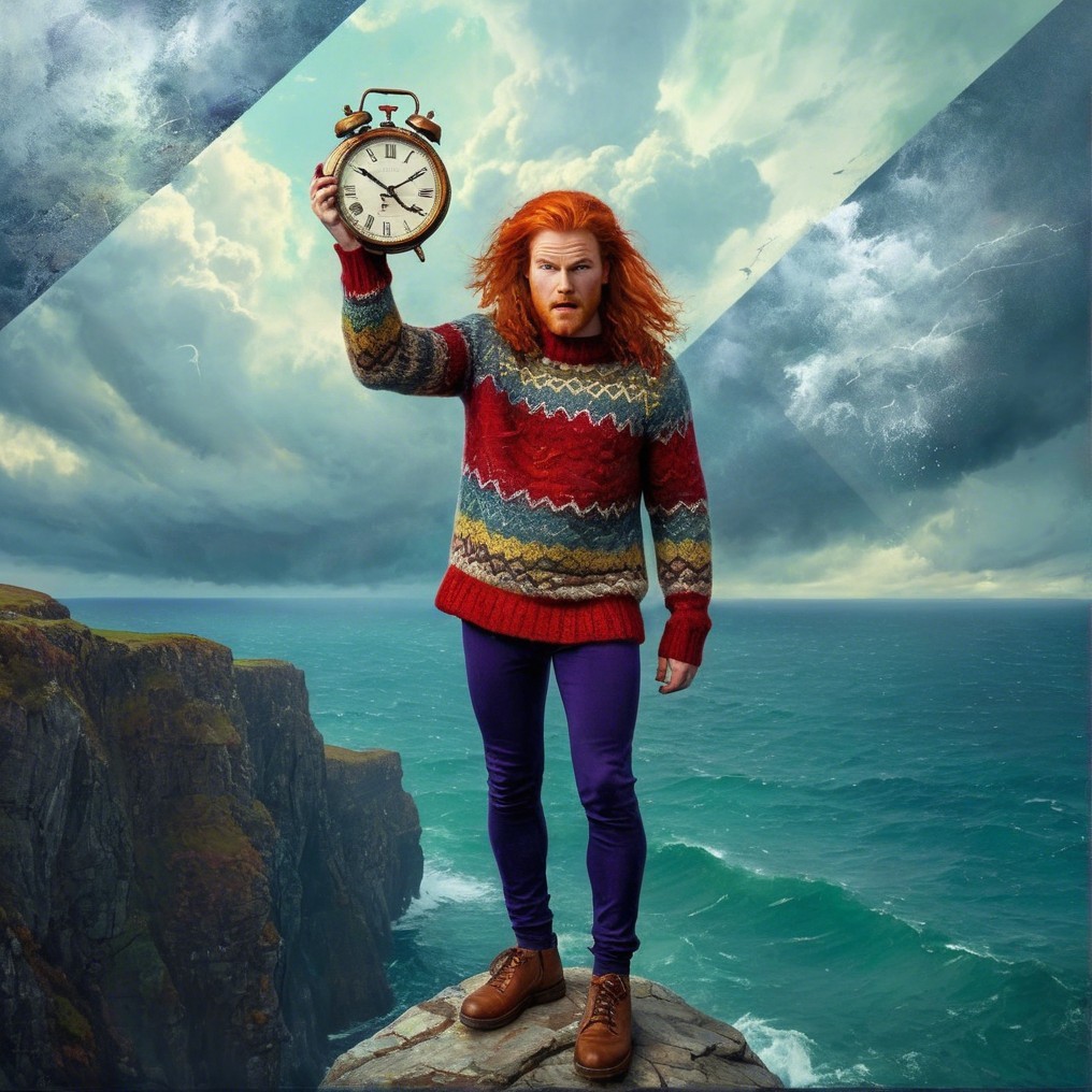 Man on Cliff with Vintage Clock and Turbulent Sea