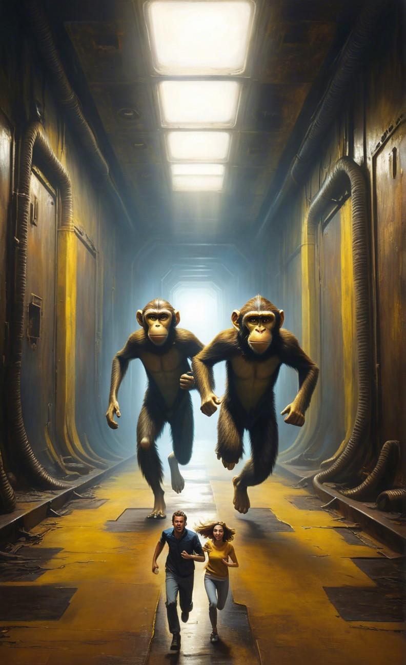 Humanoid monkeys chase a man and woman in corridor