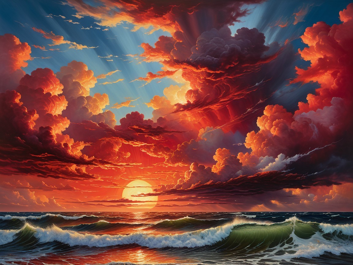 Vibrant Sunset Over Dynamic Ocean Scene