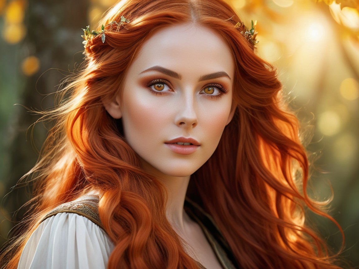 Young woman with red hair in a forest setting