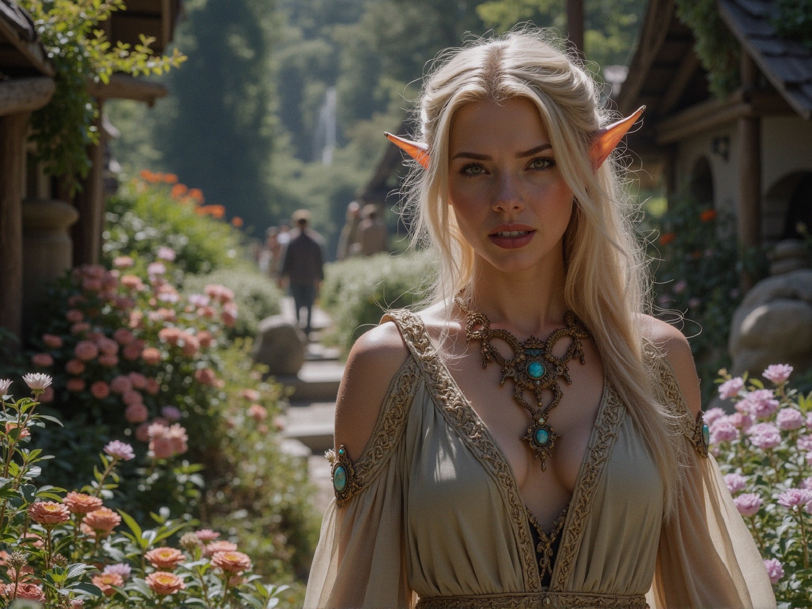 Elf in a Vibrant Garden with Flowing Gown and Jewelry