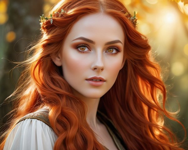 Young woman with red hair in a forest setting