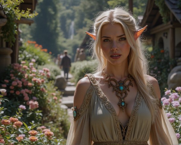 Elf in a Vibrant Garden with Flowing Gown and Jewelry