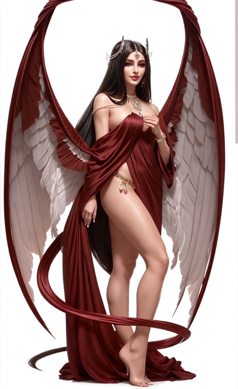 Ethereal Woman with Wings in Elegant Red Garment