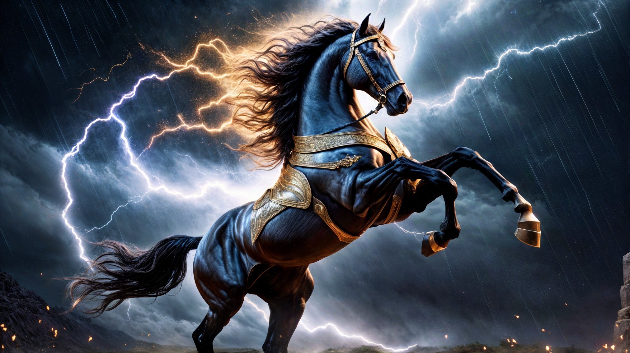 Black horse in gold armor rearing under stormy sky