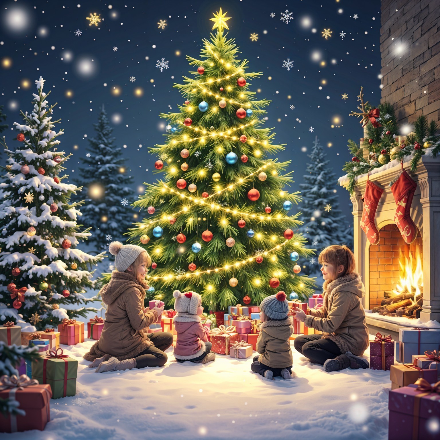 Winter Scene with Children and Christmas Decorations