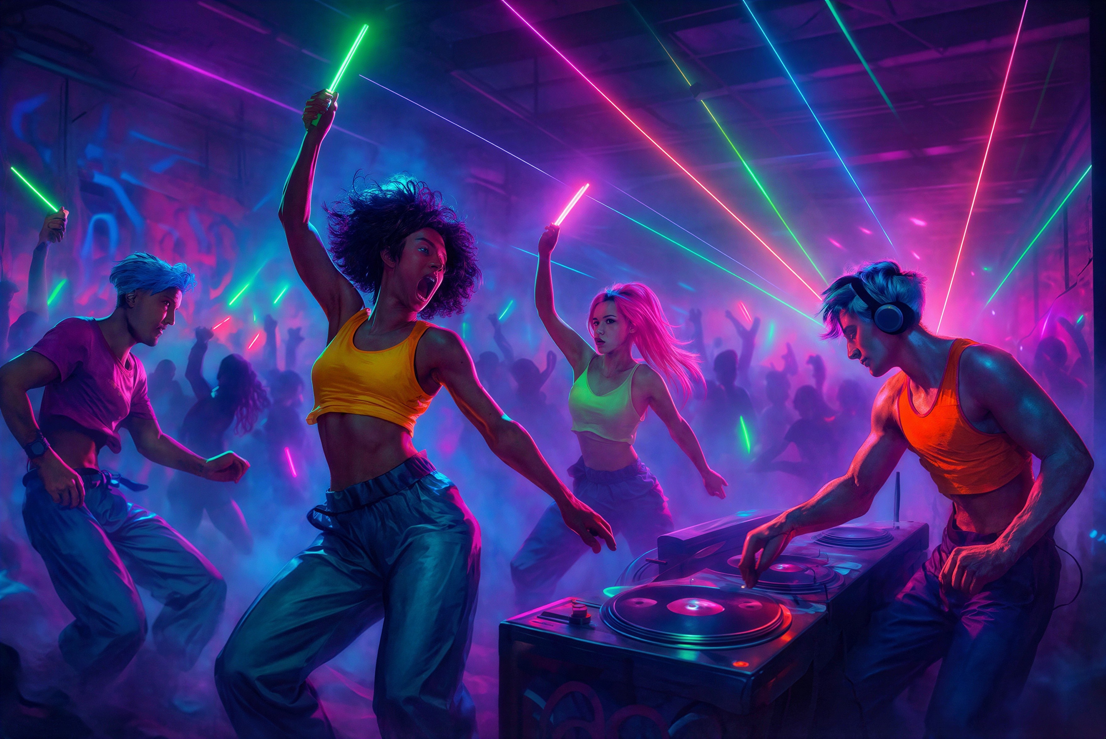 Dance Party Scene with DJ and Young Adults Dancing