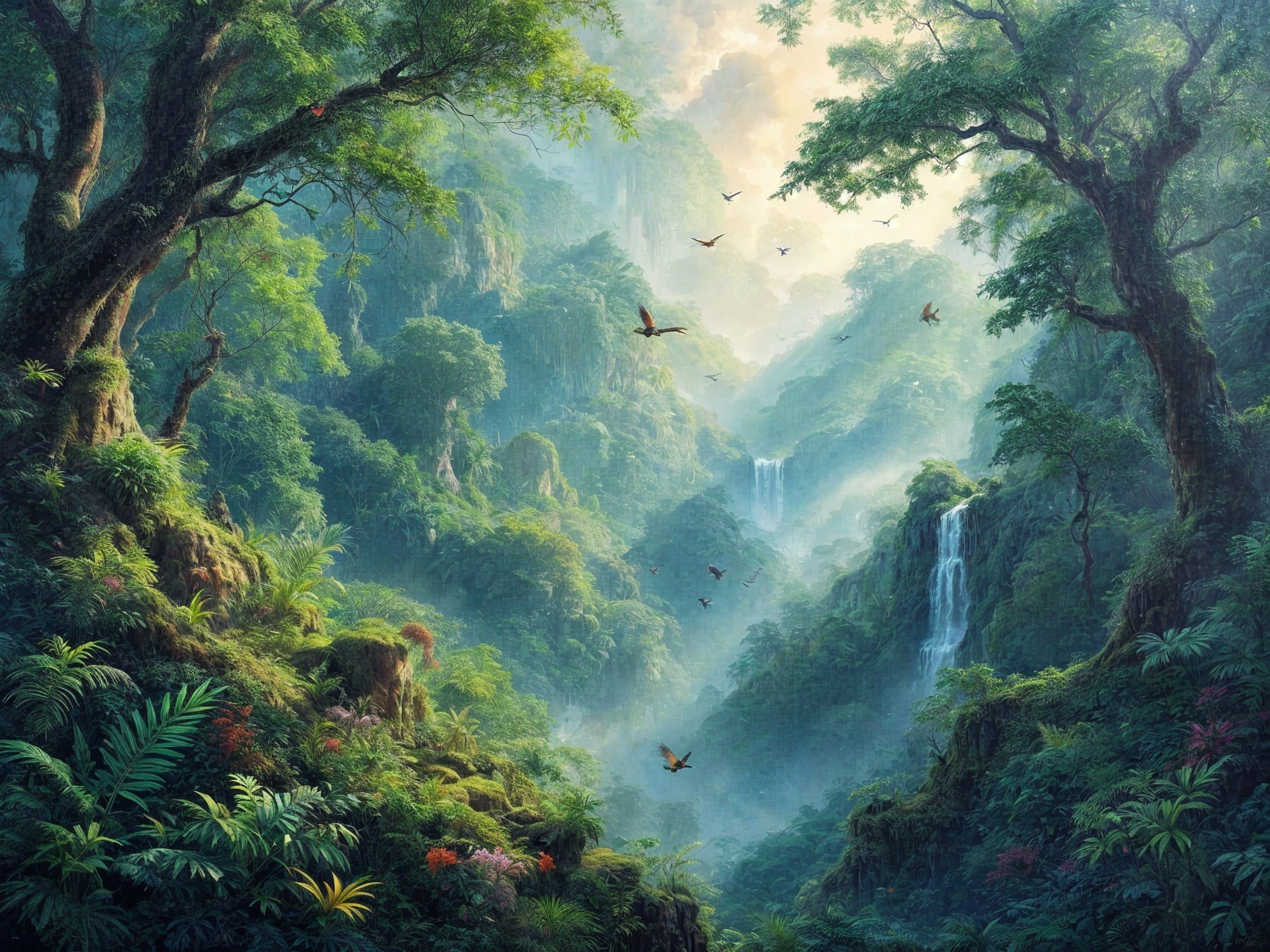 Lush Jungle Landscape with Waterfalls and Wildlife