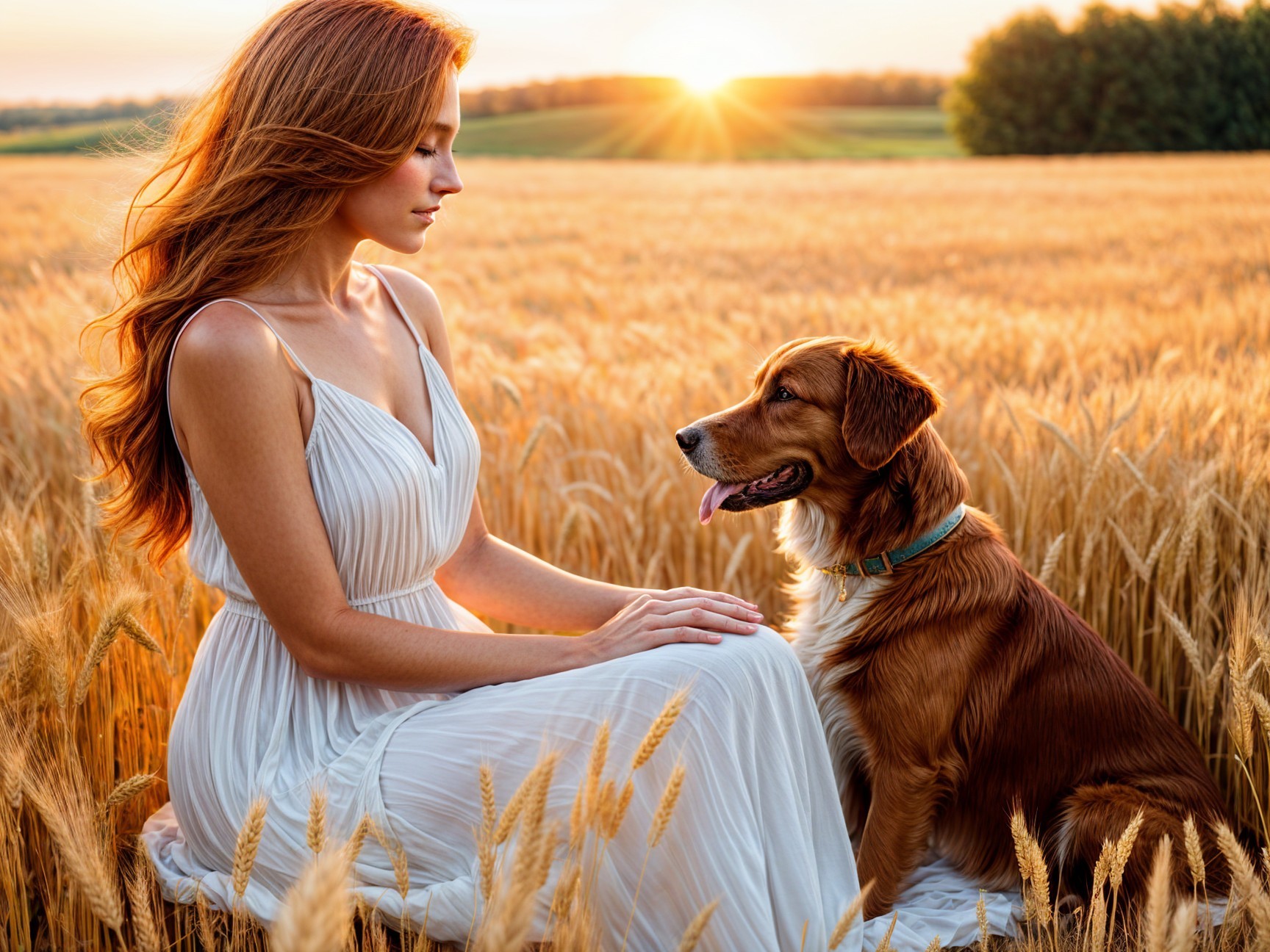 Woman in White Dress in Wheat Field at Sunset