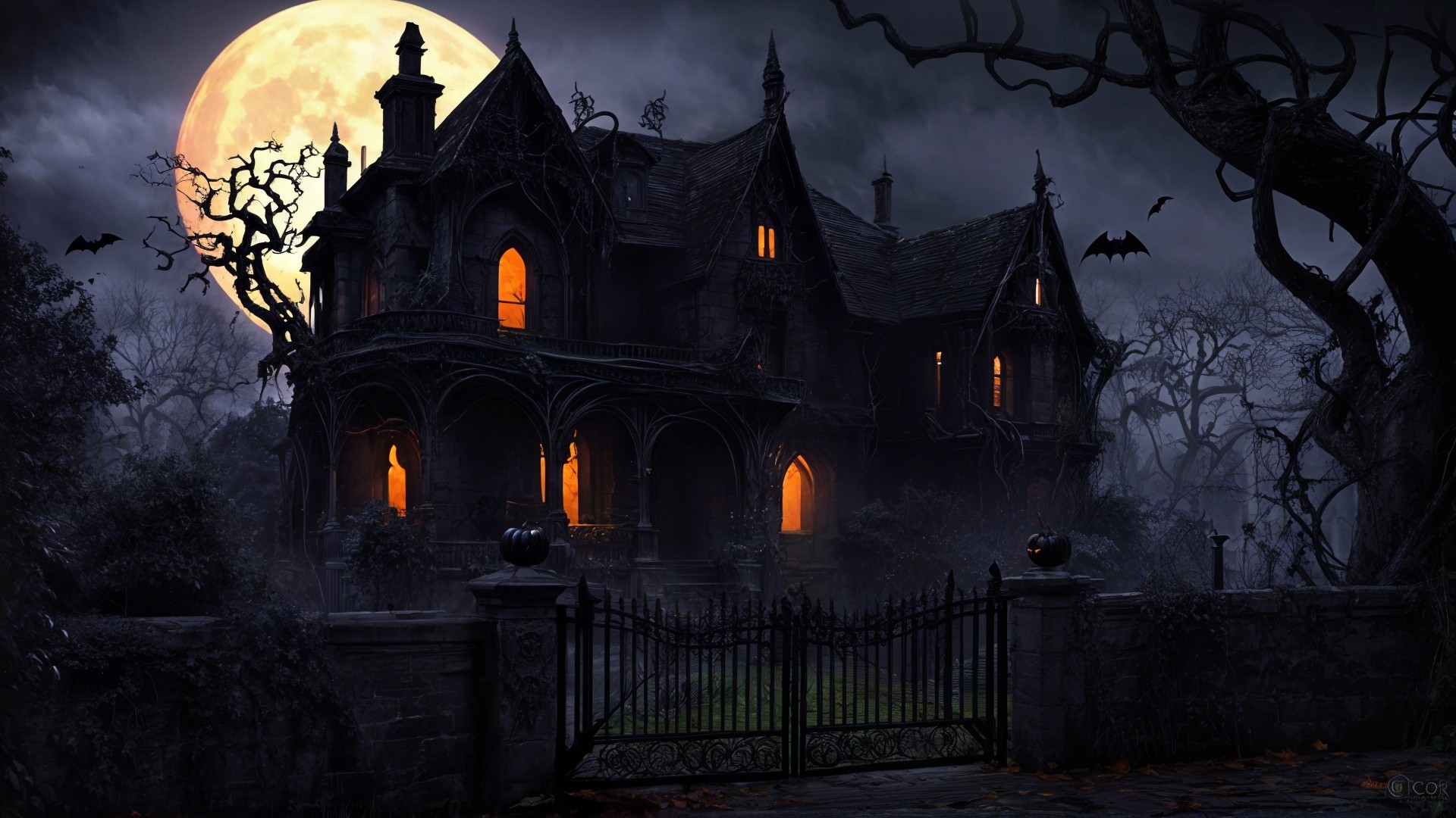 Spooky Mansion Under Full Moon with Eerie Atmosphere
