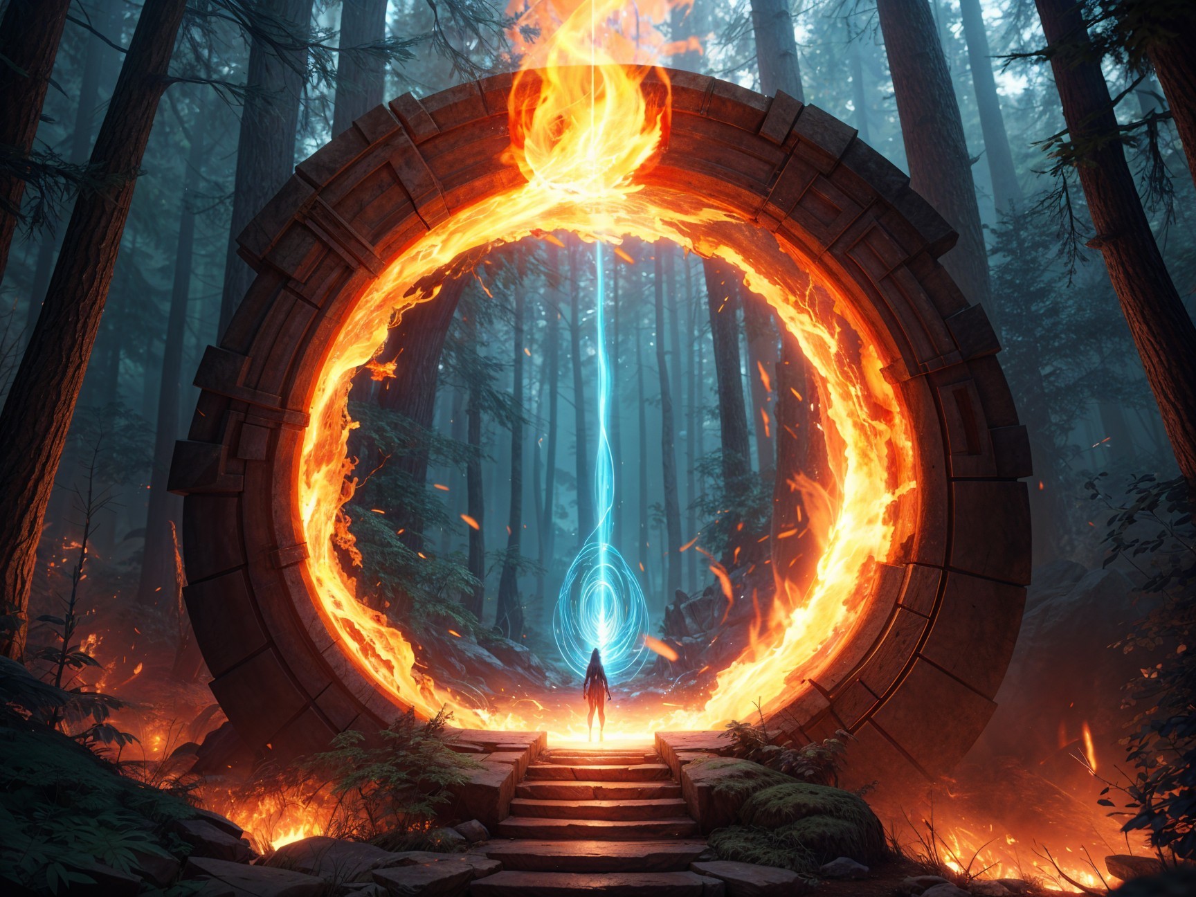 Misty Forest with Fiery Stone Portal and Figure