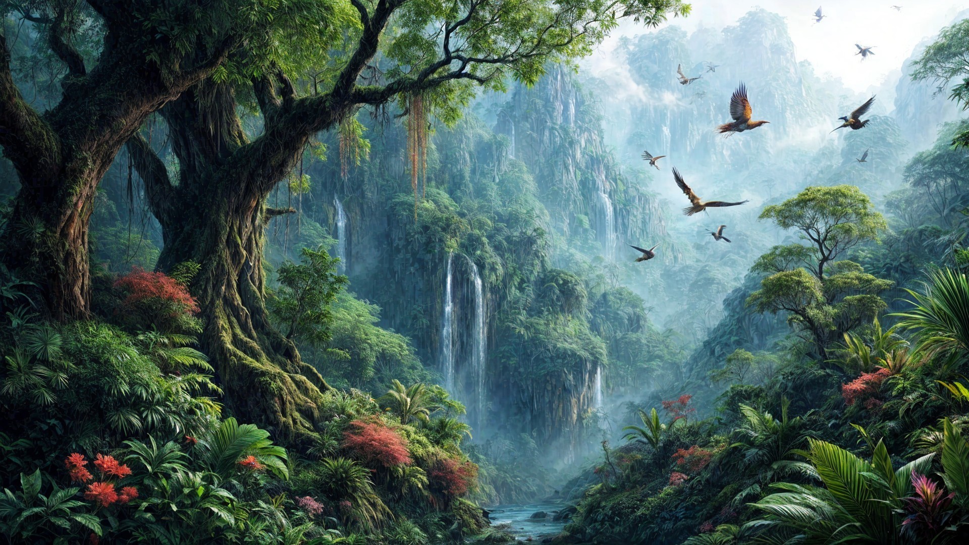 Lush Tropical Rainforest with Waterfalls and Wildlife