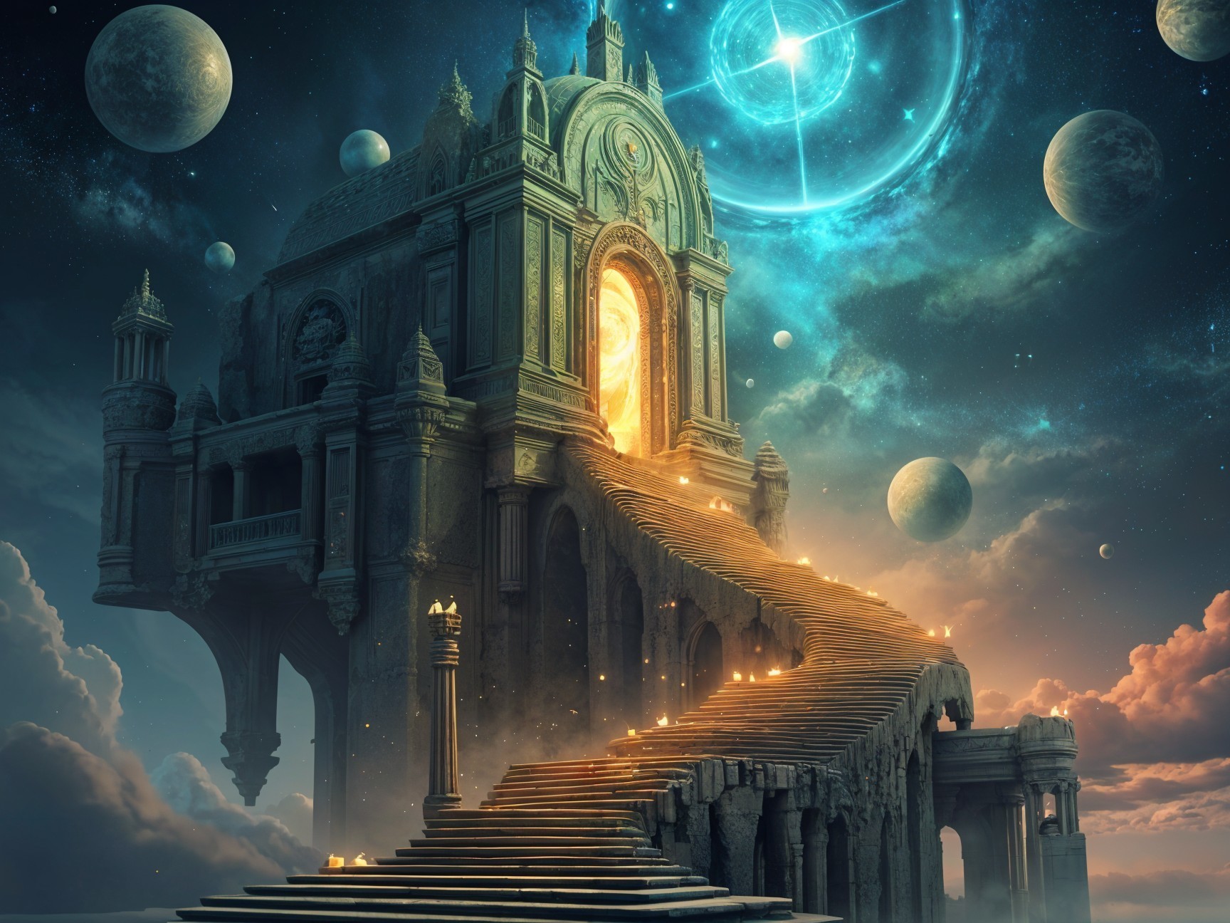 Ancient Structure with Ornate Staircase and Portal