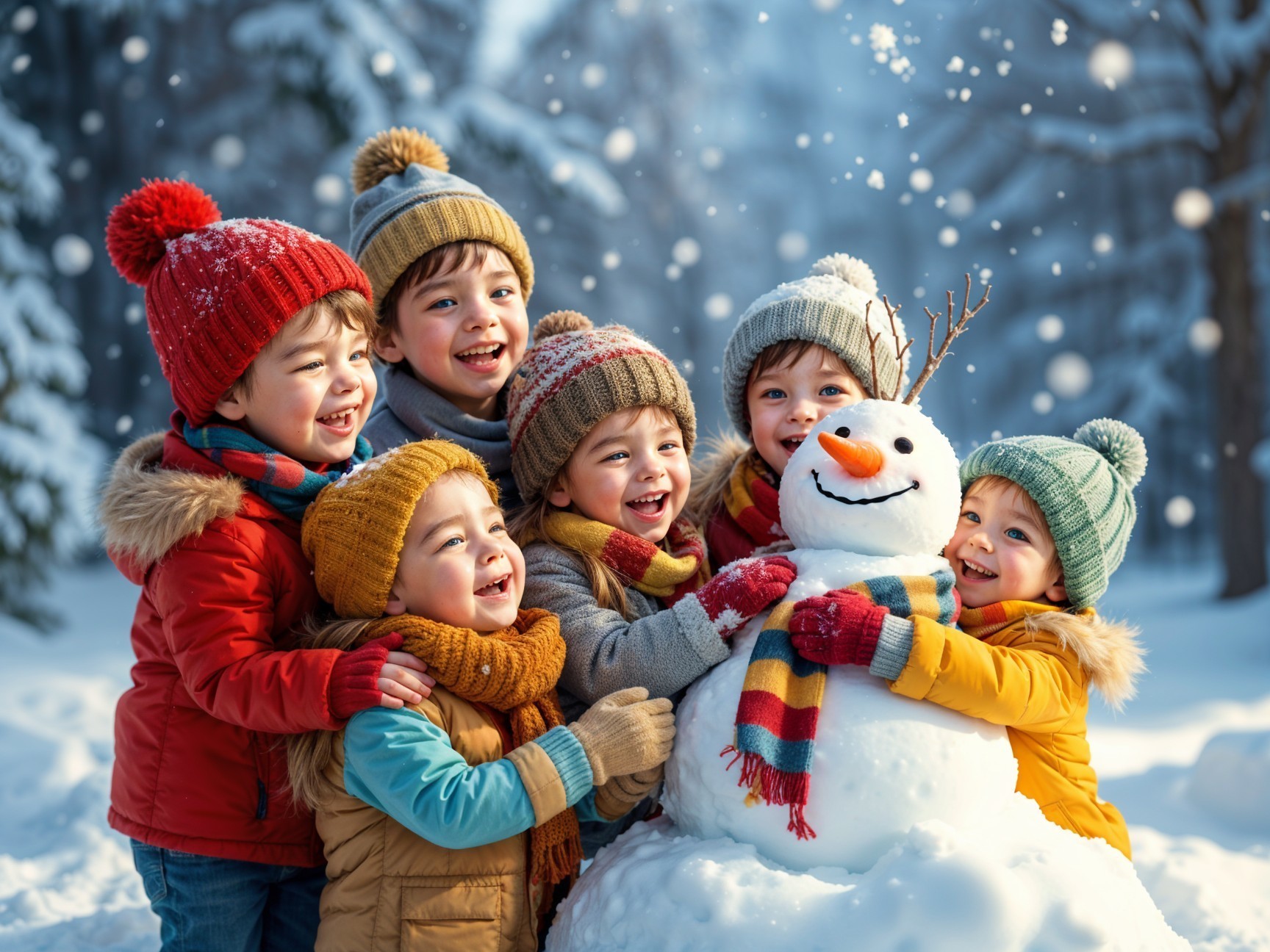 Children in Colorful Winter Attire with Snowman