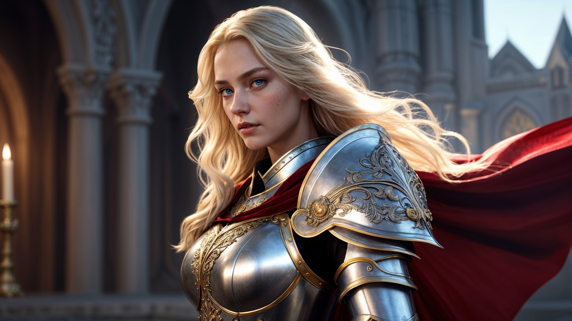 Regal Warrior Woman in Silver Armor and Red Cape