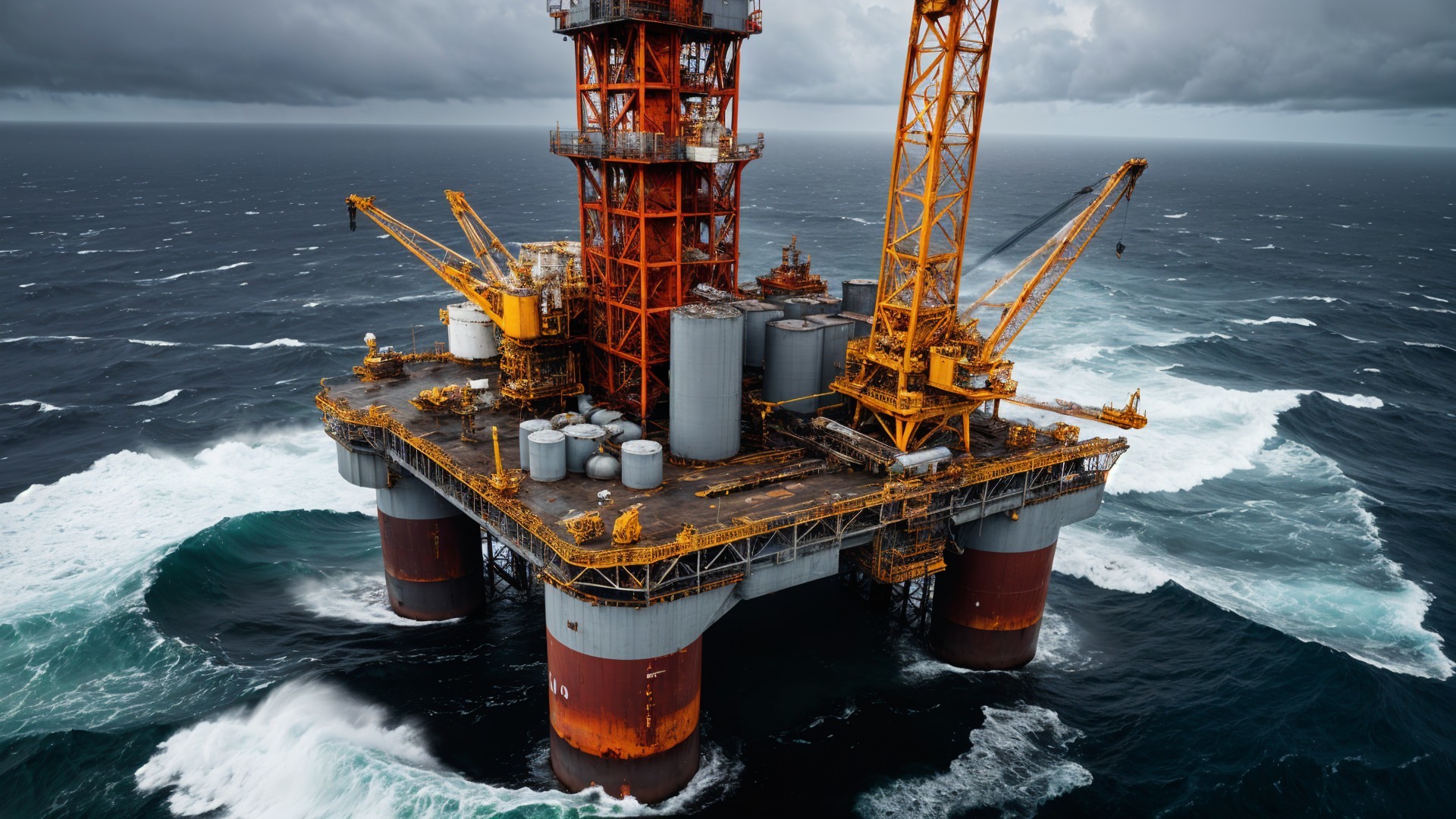 Offshore Oil Rig Against Stormy Sea and Clouds
