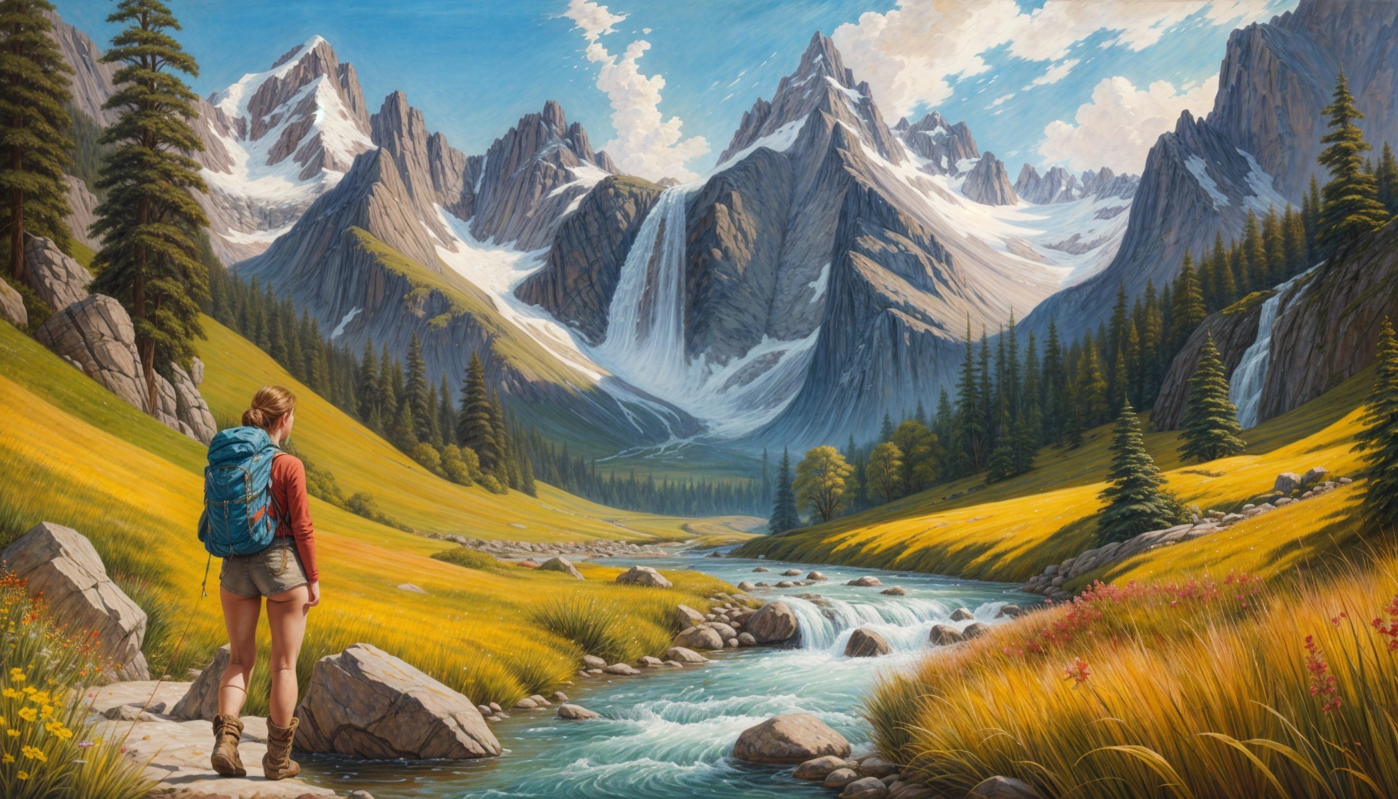 Lush Valley with Hiker by Crystal-Clear Stream
