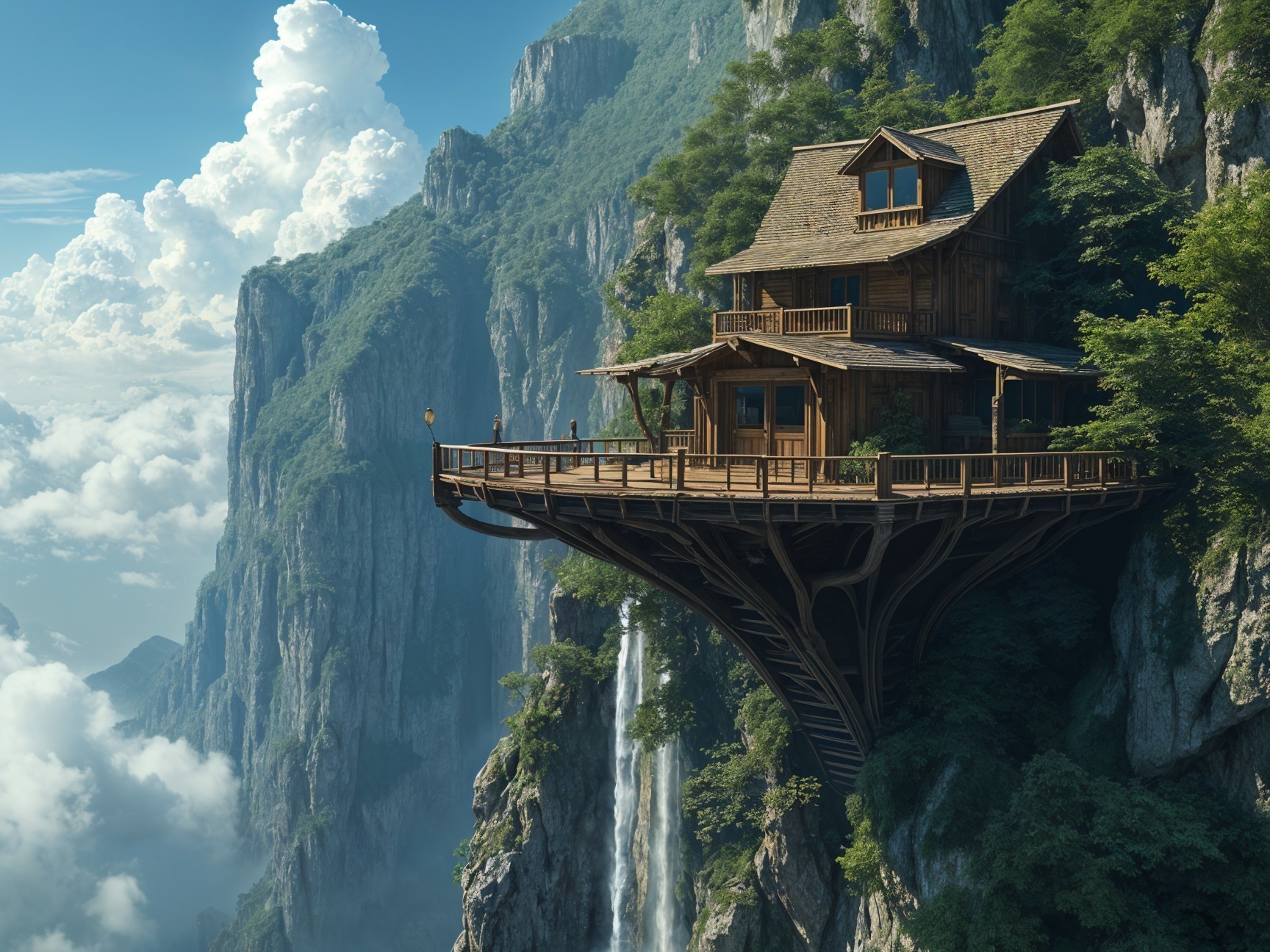 Wooden House on Cliff with Scenic Waterfall Views