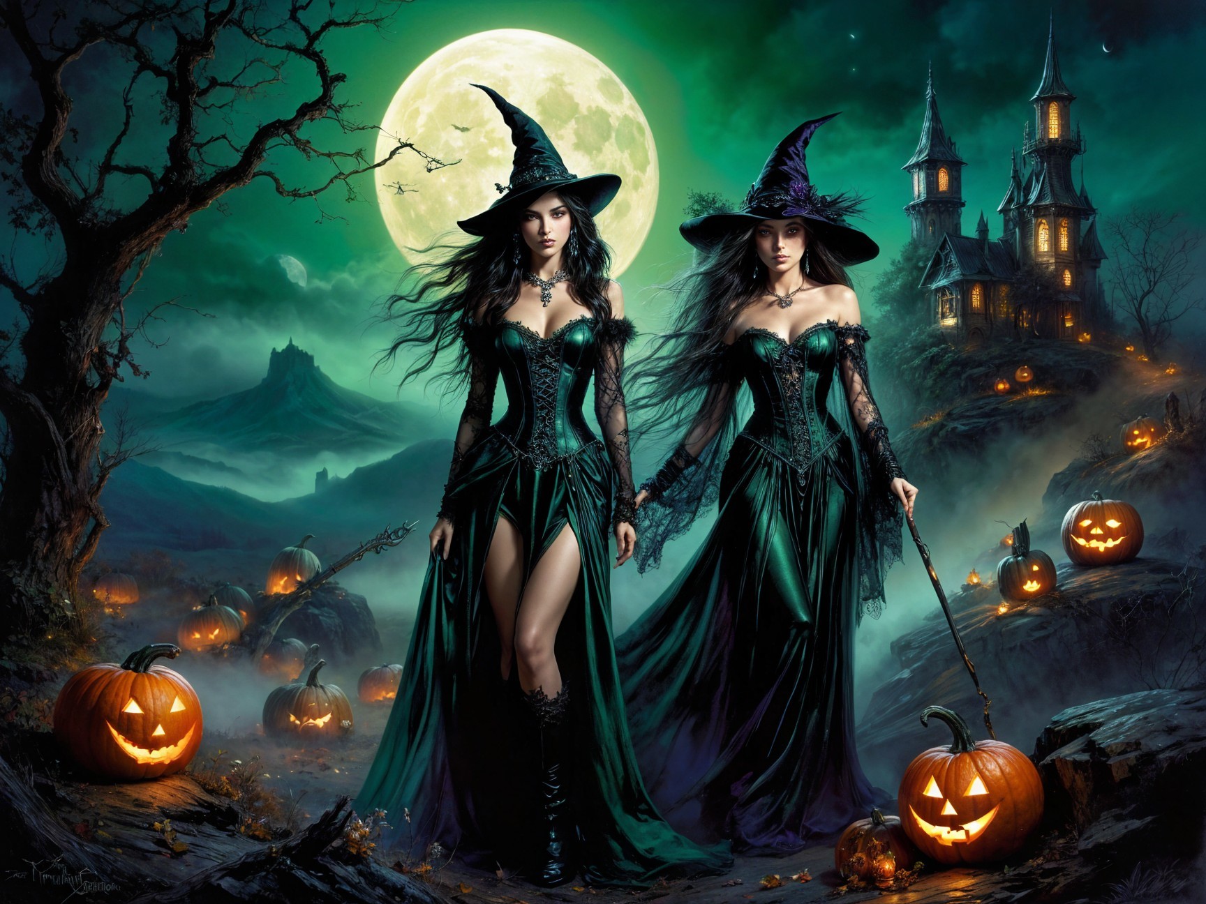 Witches in Green Gowns in a Mystical Halloween Scene