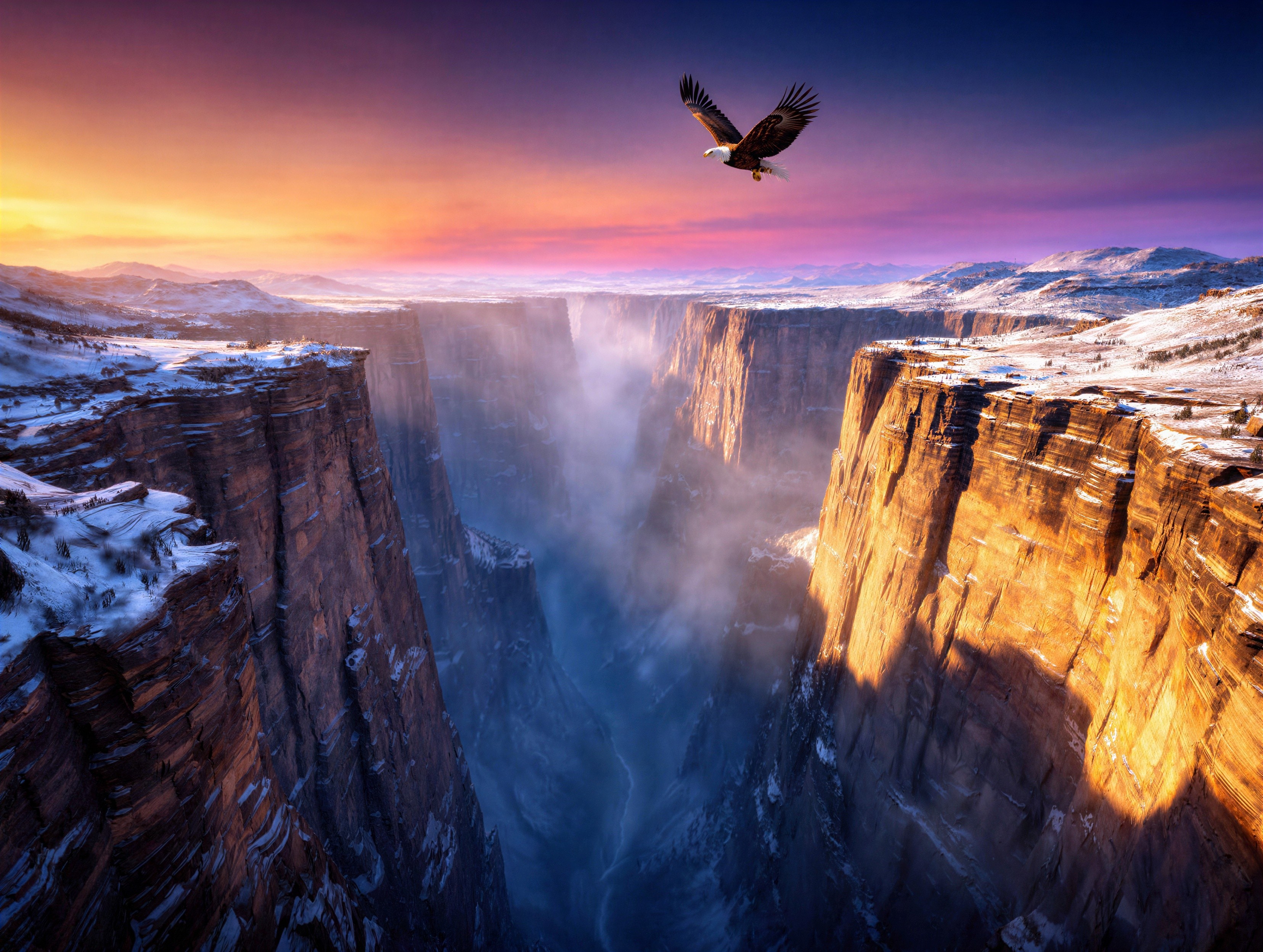 Bald Eagle Soaring Over Sunset Canyon Landscape