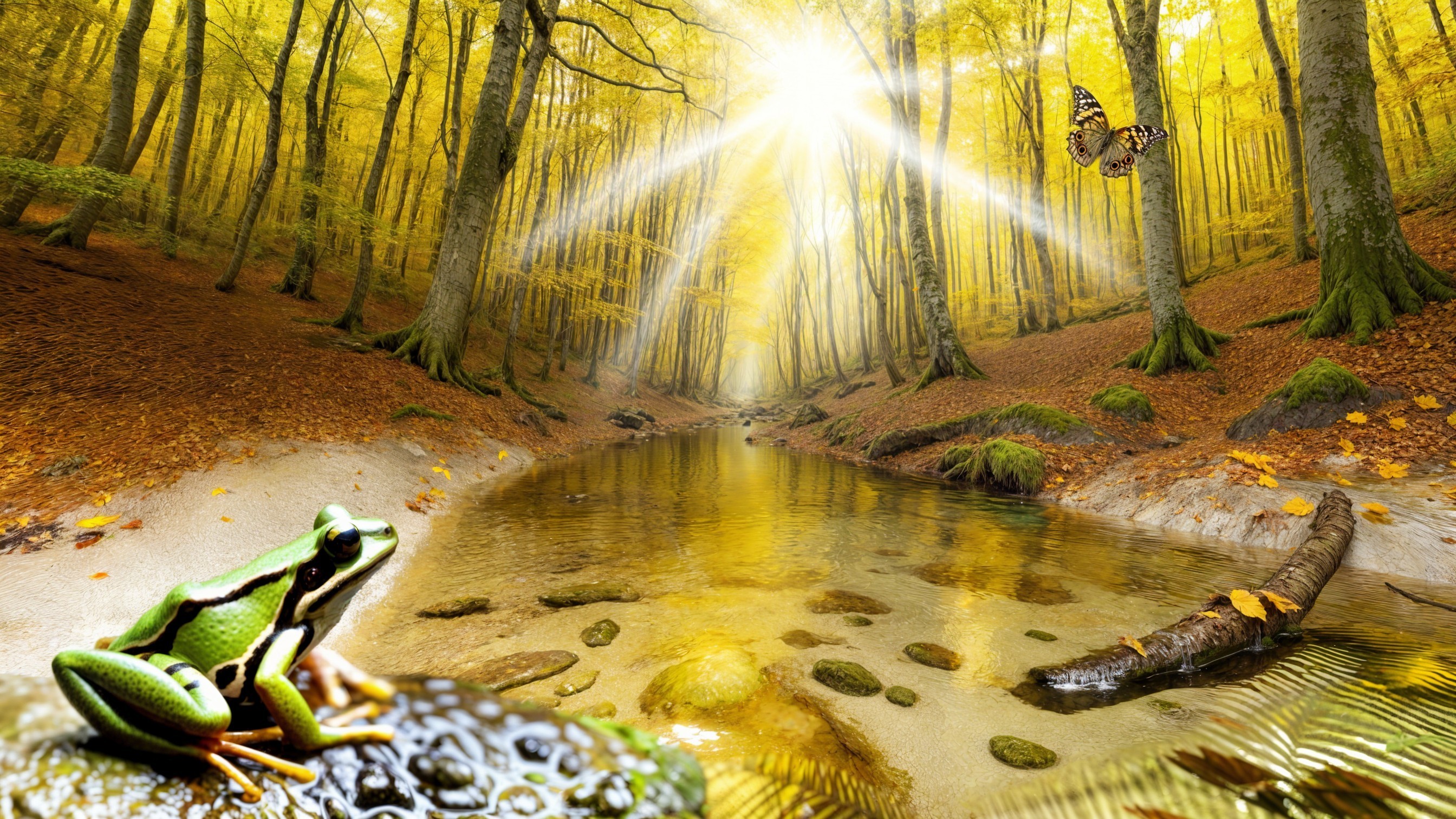 Tranquil Forest Scene with Stream and Autumn Foliage