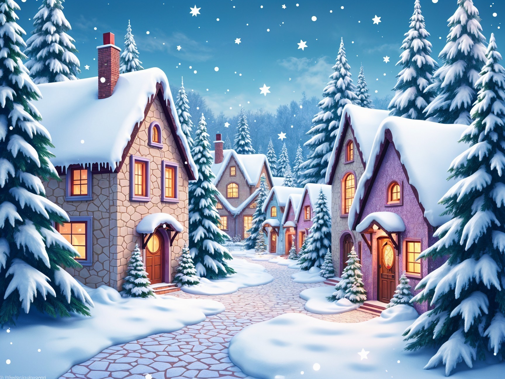 Charming winter village scene with snow-covered cottages