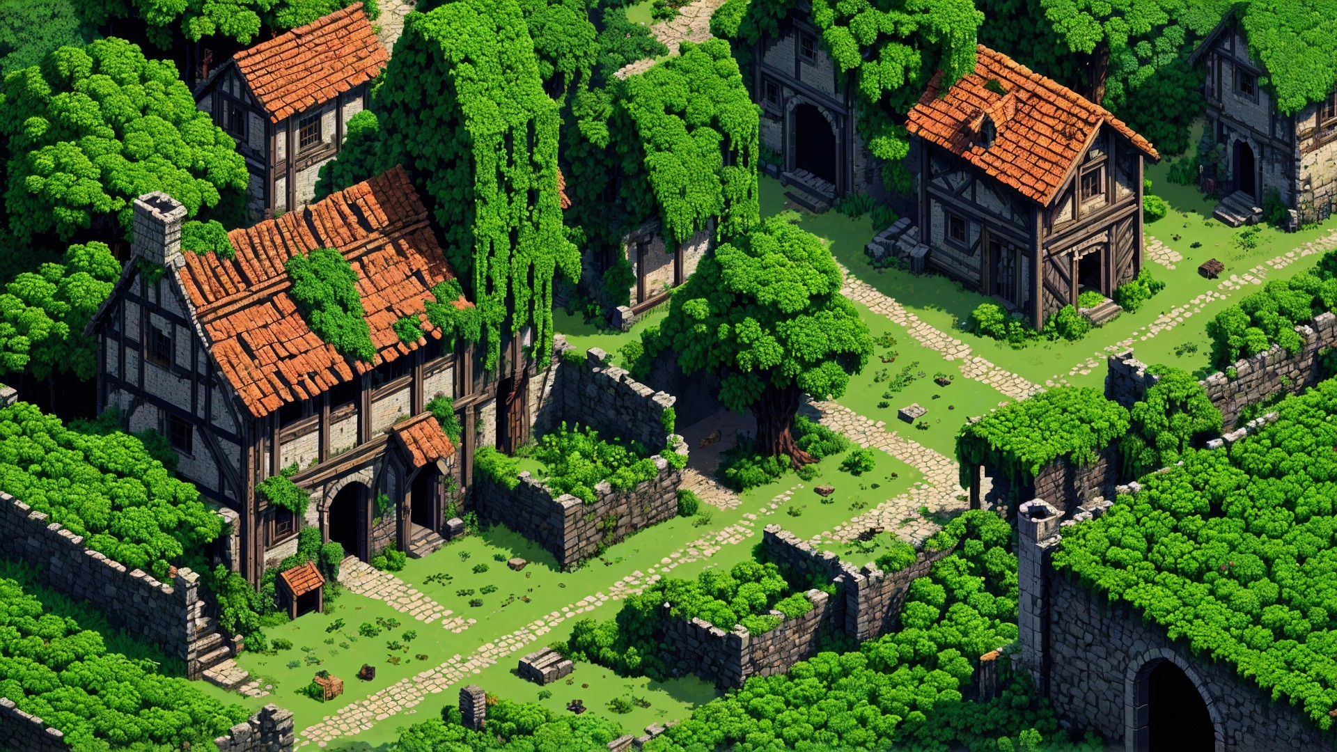 Pixelated village surrounded by lush greenery and paths