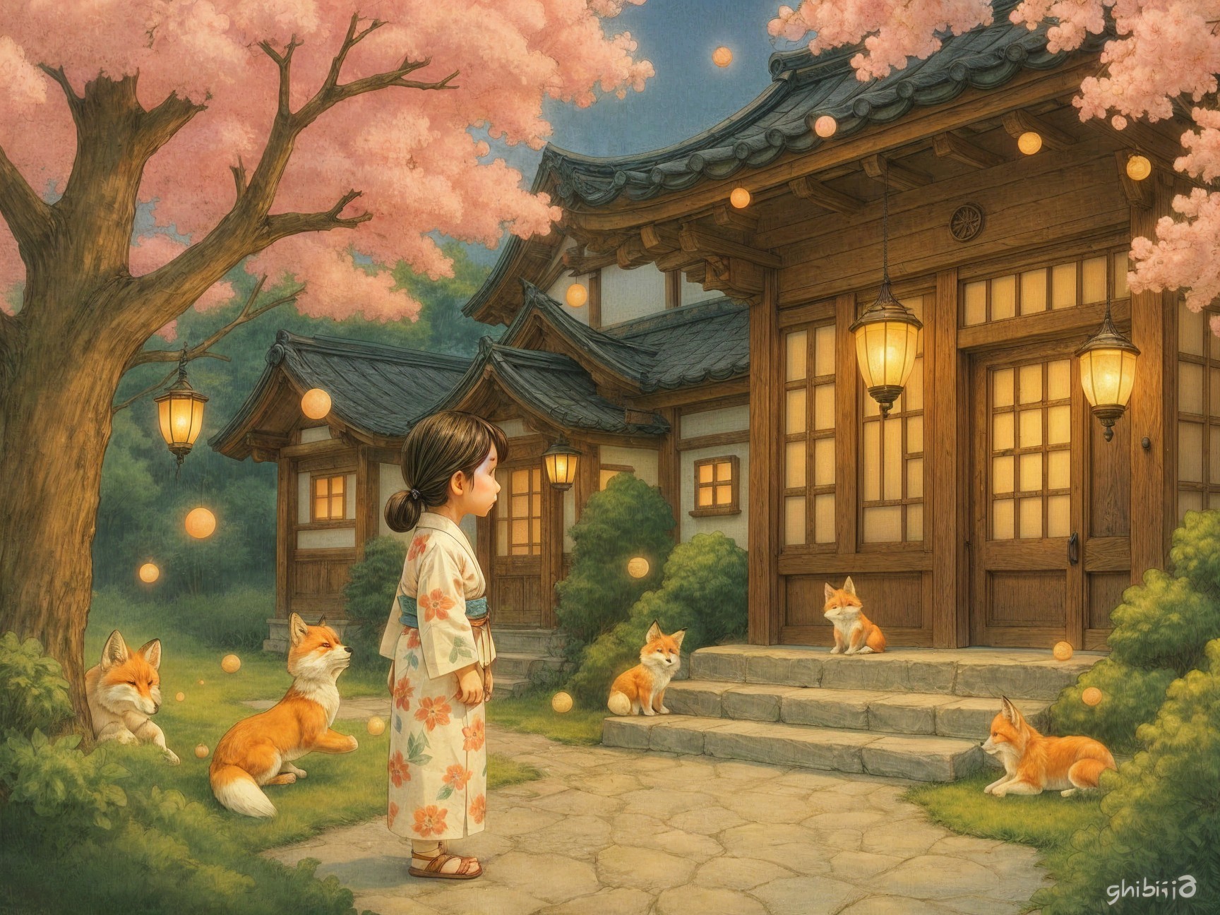 Serene Evening Scene with Girl, Foxes, and Lanterns