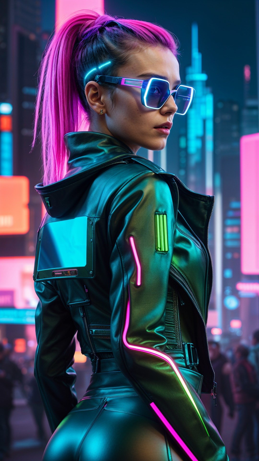 Futuristic woman in neon cityscape with pink hair