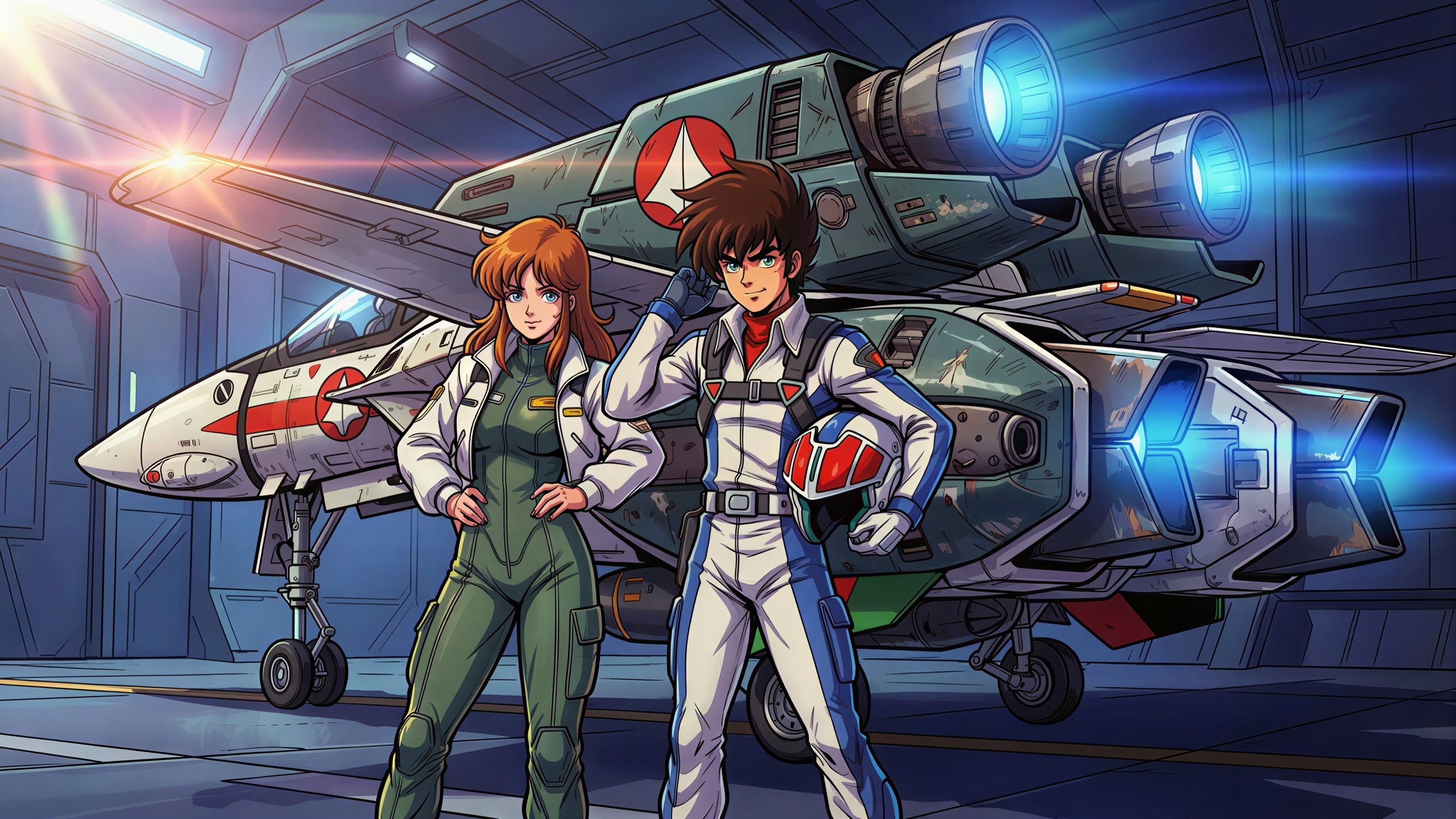 Anime-Style Illustration of Pilots and Aircraft in Hangar