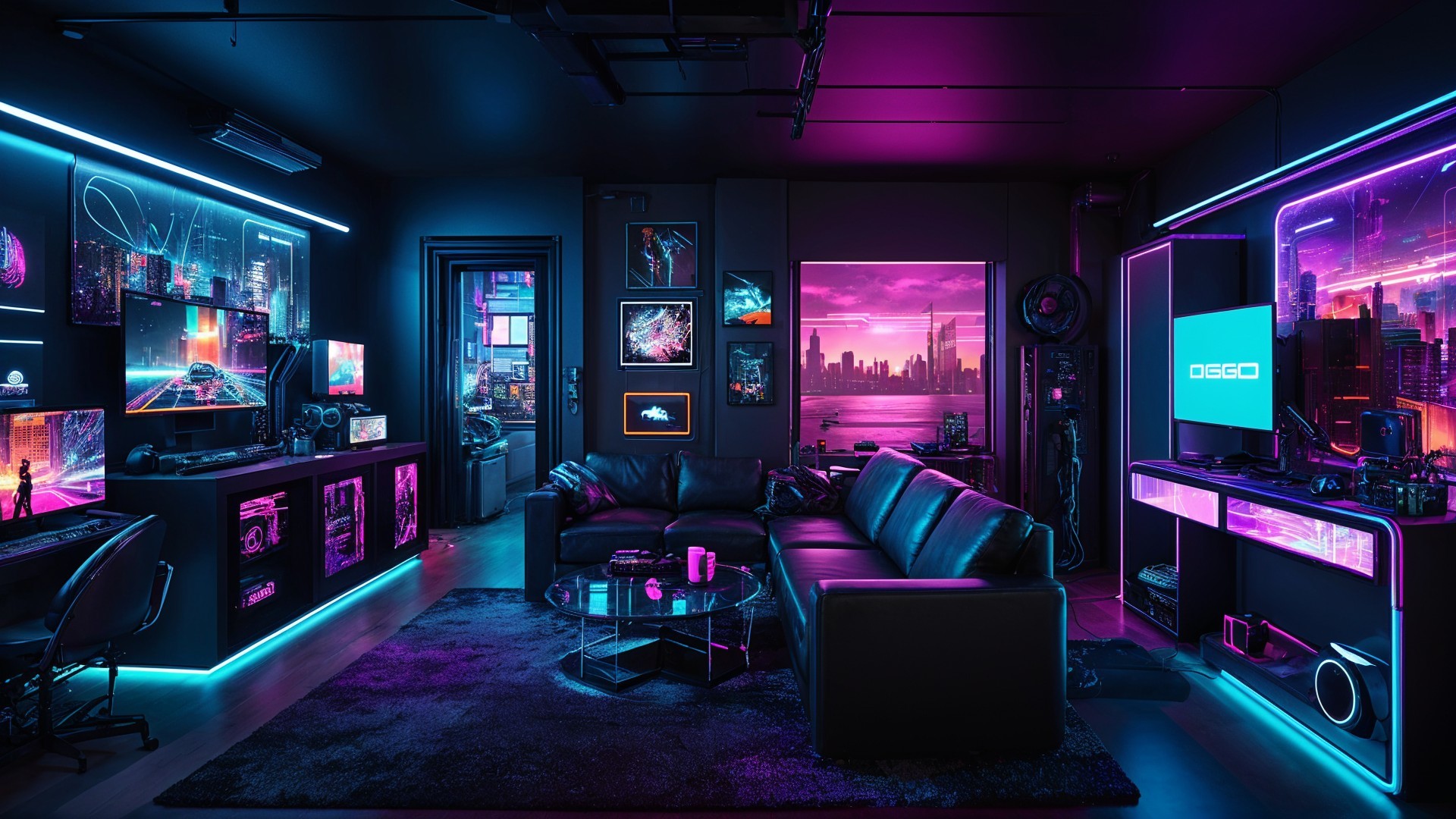 Futuristic gaming room with neon lights and skyline view