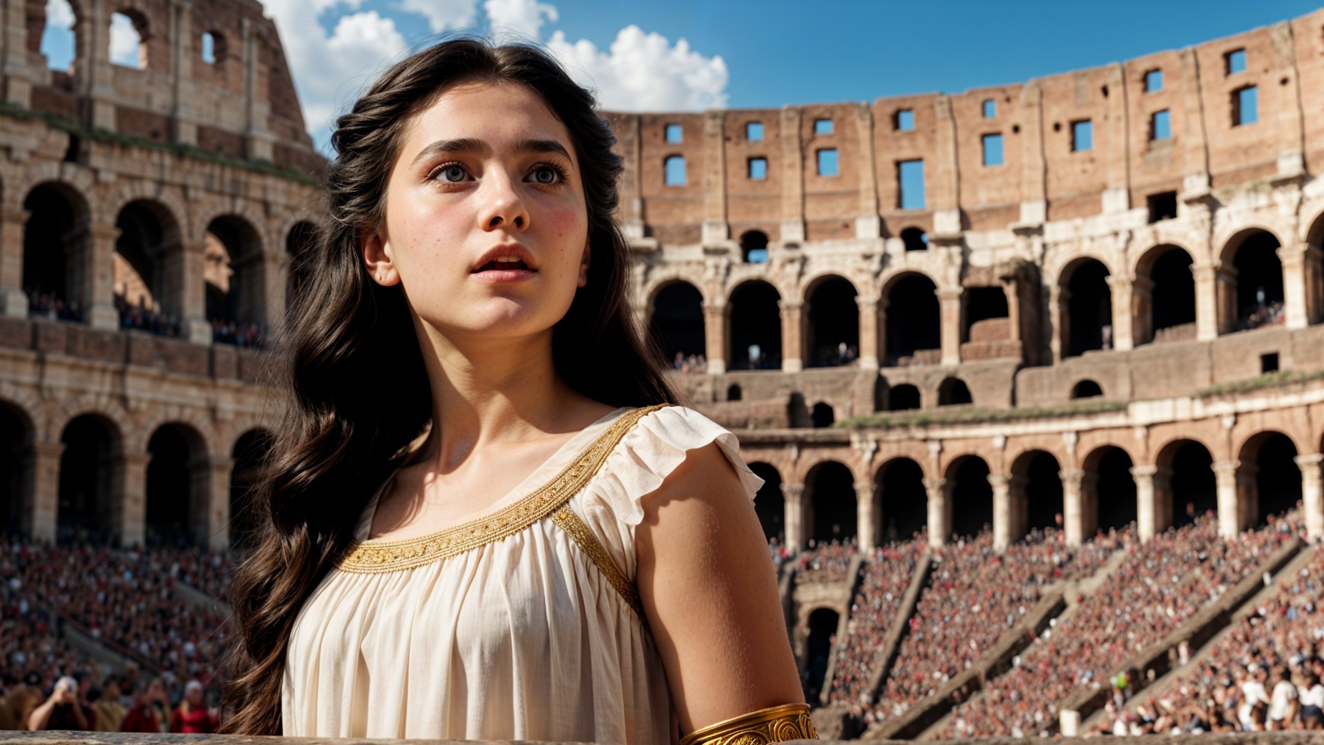 Young woman in cream dress at the Colosseum