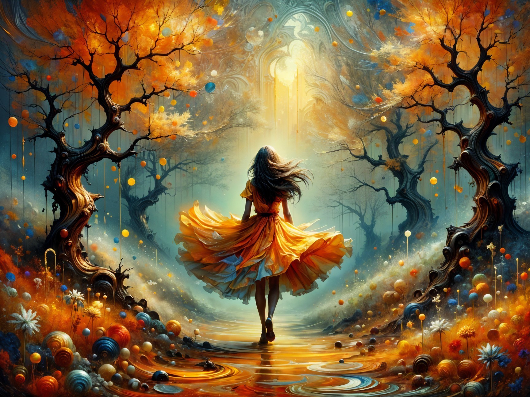 Young Woman in Yellow Dress in Enchanted Forest