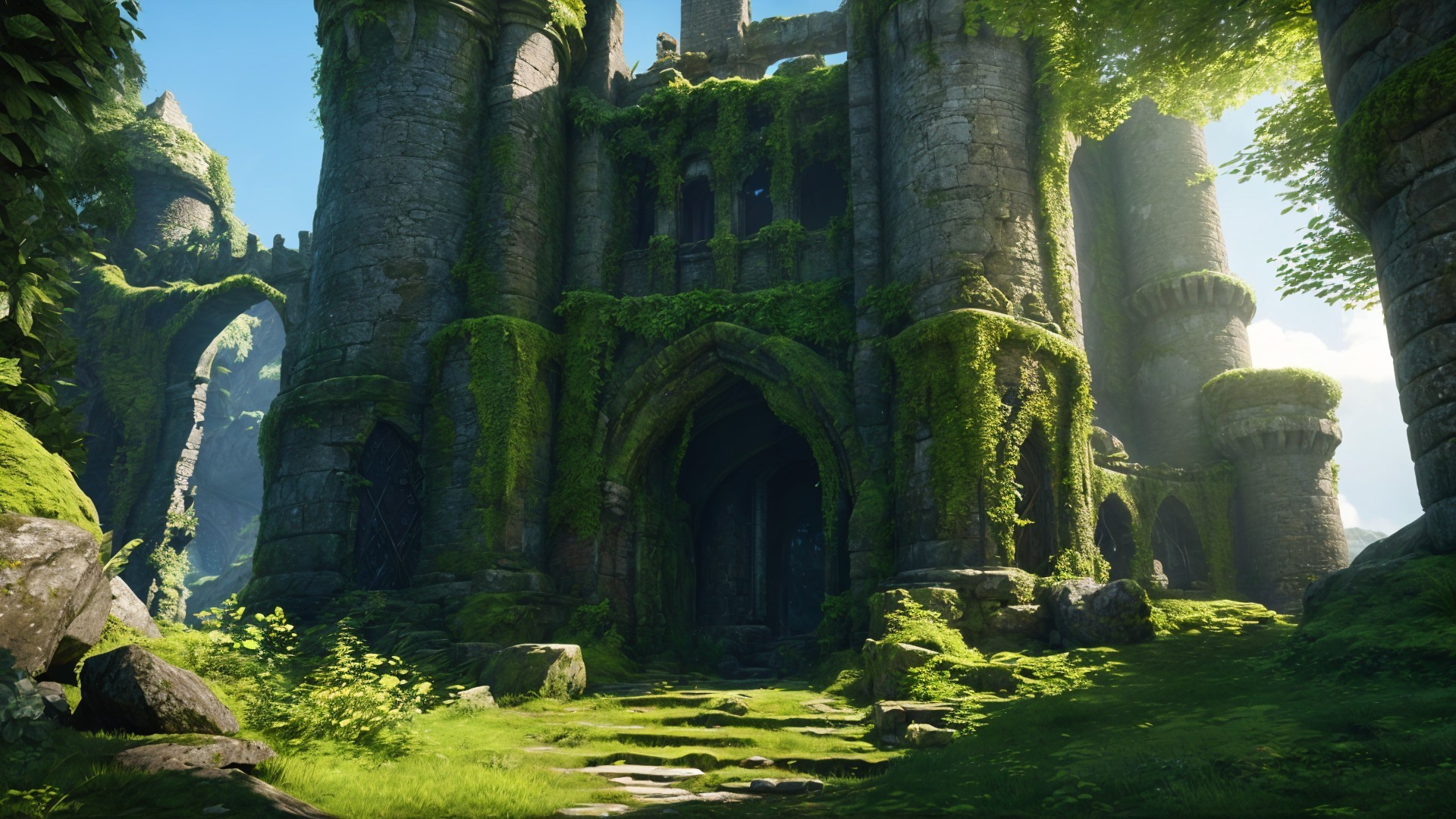 Ancient Castle Surrounded by Lush Greenery and Foliage